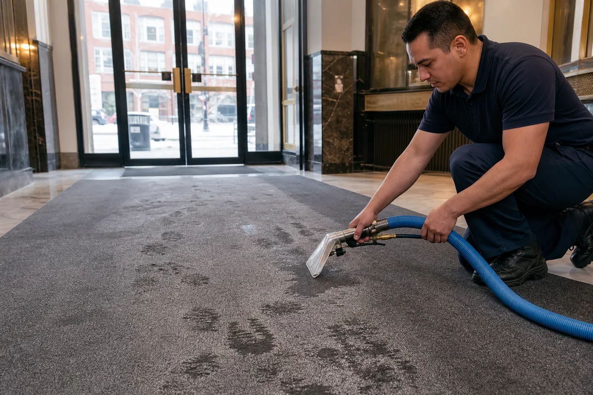 Hammond-area apartment lobby carpet showing a clear winter entry traffic path