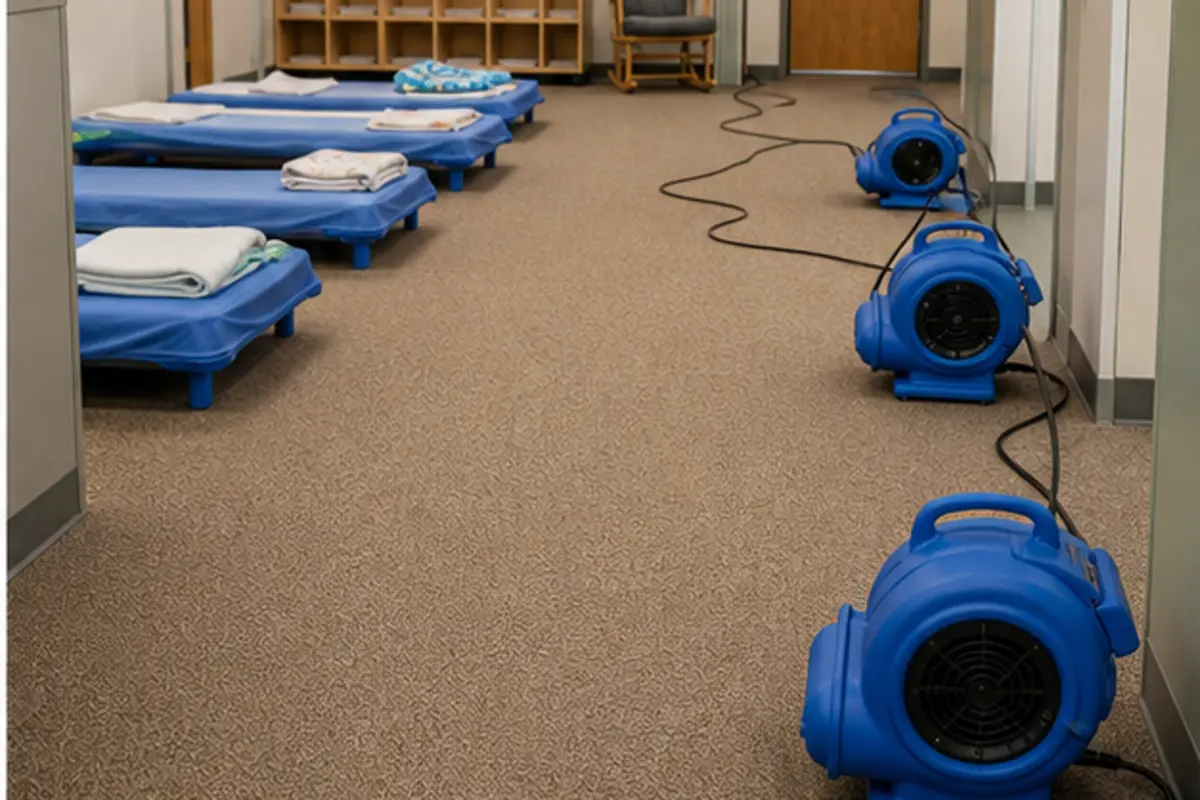 Daycare reading corner with clean carpet, child-size furniture, and daylight