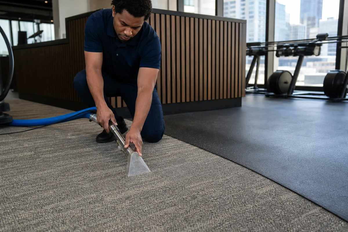 Hammond fitness center reception carpet beside a clear transition to rubber flooring