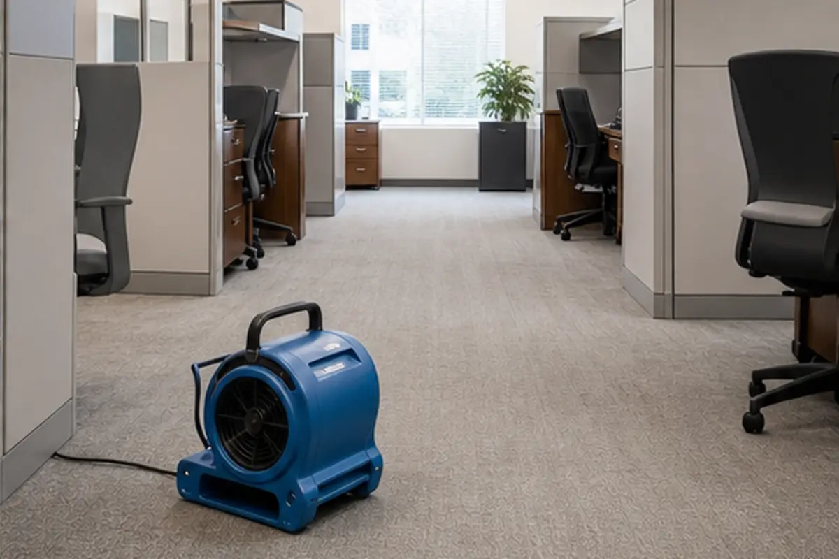 Medical waiting area carpet drying with seating moved aside and natural light