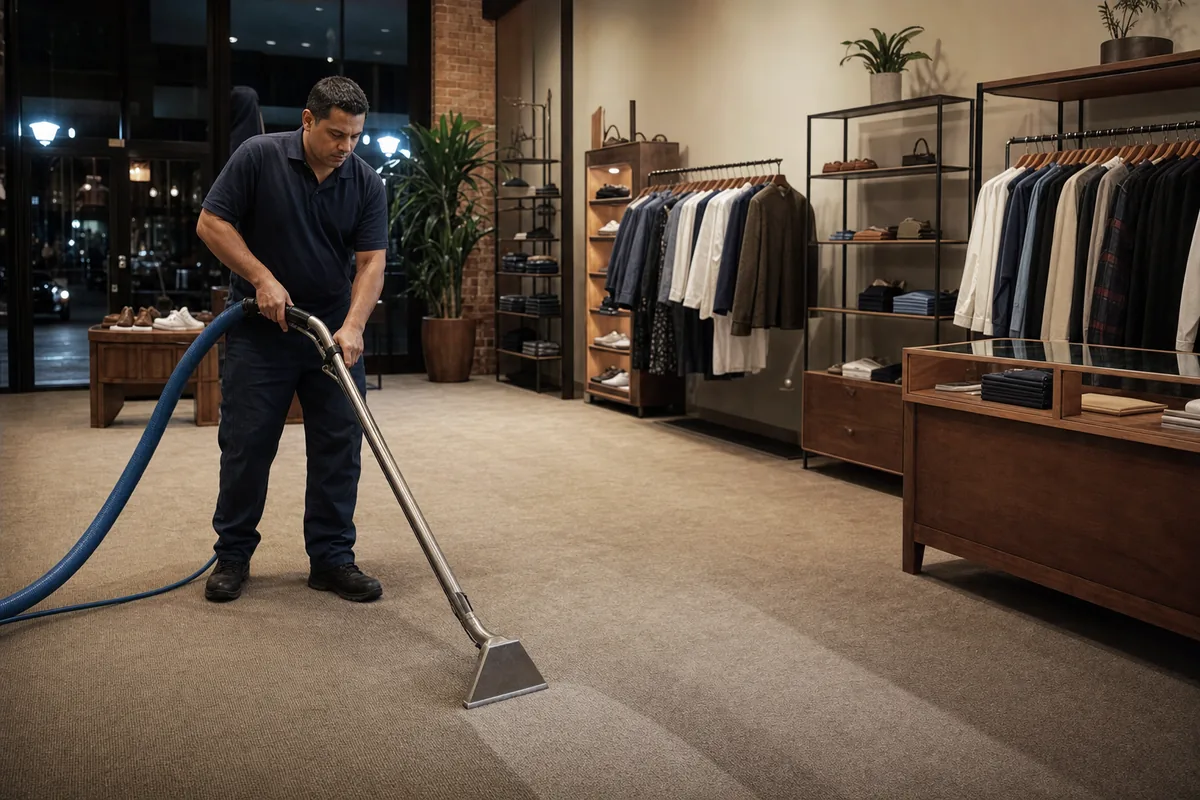 Hammond retail entrance carpet between maintained matting and security pedestals