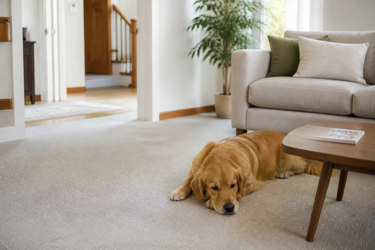 Close view of a technician performing a small controlled spot test on neutral residential carpet with clean towels and a measured solution bottle