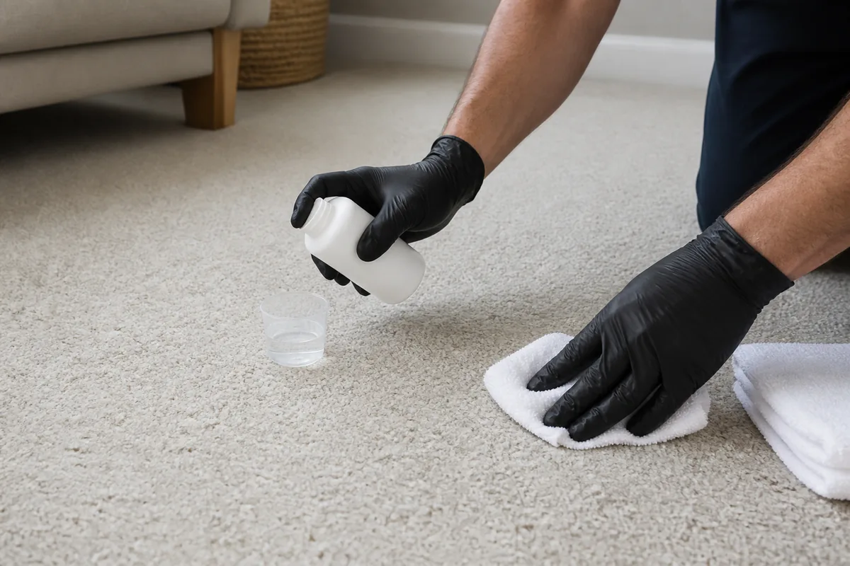Hammond carpet-cleaning technician reviewing a clearly labeled cleaning solution and a carpet fiber sample on a tidy work table in a bright living room