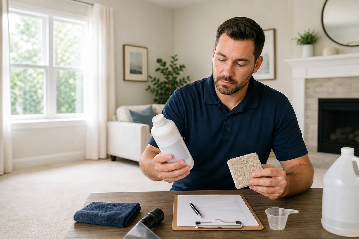 Hammond carpet-cleaning technician reviewing a clearly labeled cleaning solution and a carpet fiber sample on a tidy work table in a bright living room