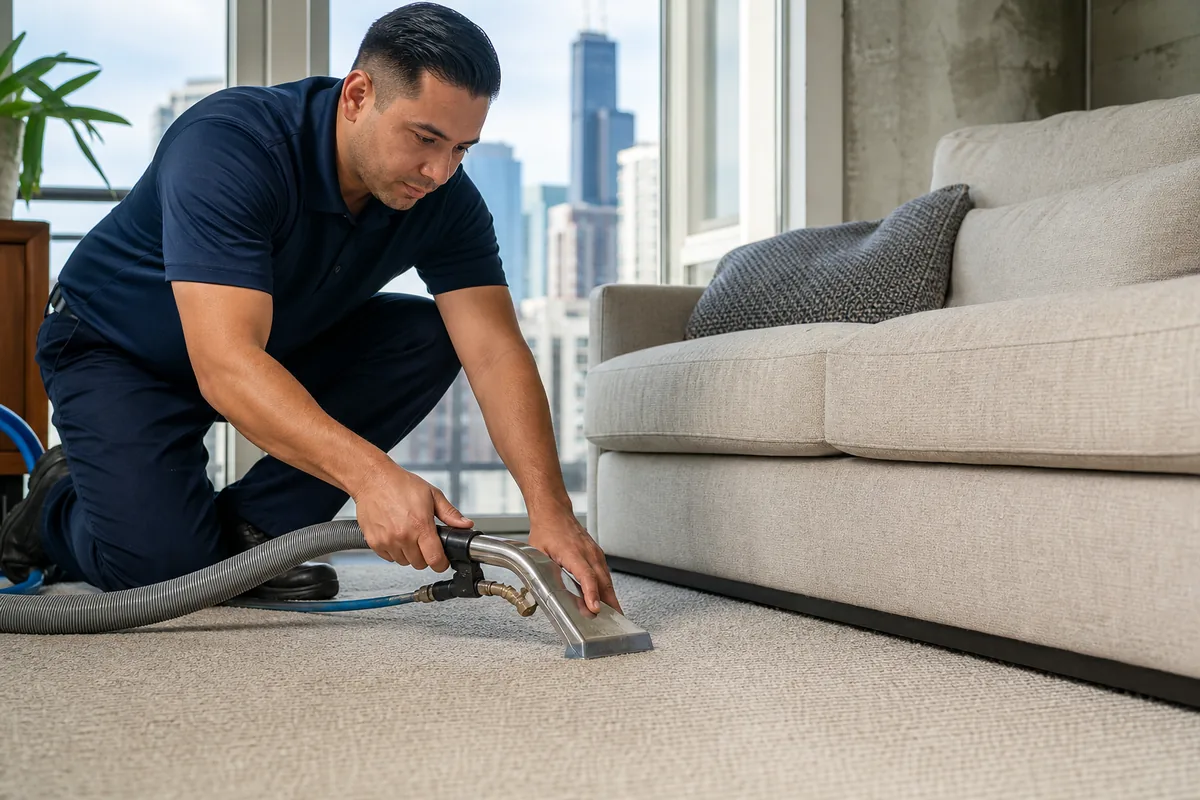 Technician preparing request a hammond carpet cleaning quote in a Hammond home