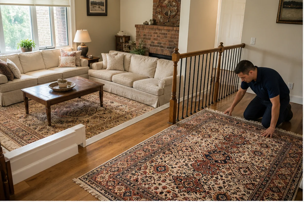 A carefully styled living room with a patterned area rug and comfortable seating in a Highland home for area rug cleaning