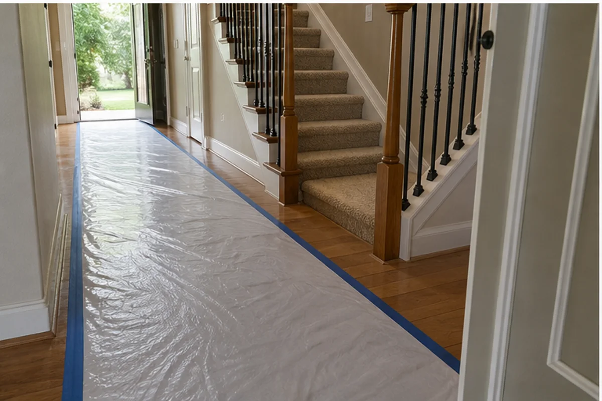 A Munster interior prepared with a clear access path for area rug cleaning