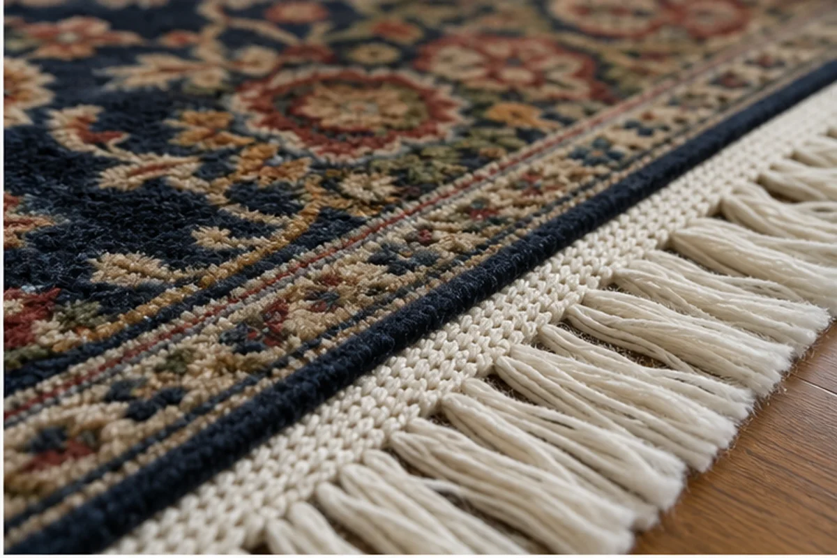 Close professional detail of area rug cleaning assessment in a Munster home