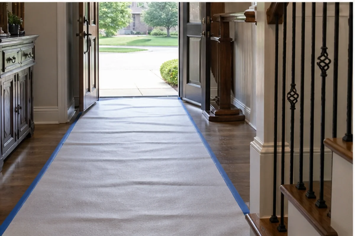 A St. John interior prepared with a clear access path for area rug cleaning