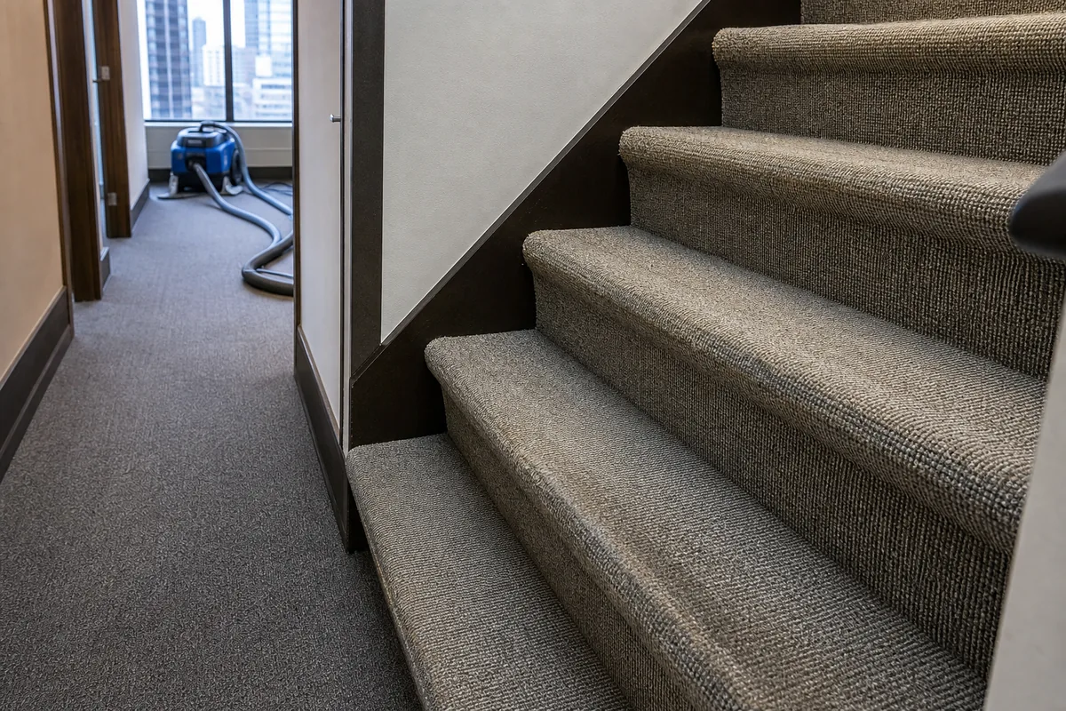 Close comparison of worn stair nosing and less-used carpet near the wall