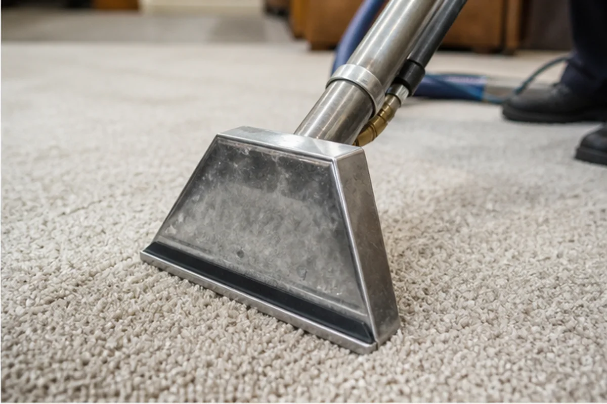 Close professional detail of carpet cleaning assessment in a Hammond home