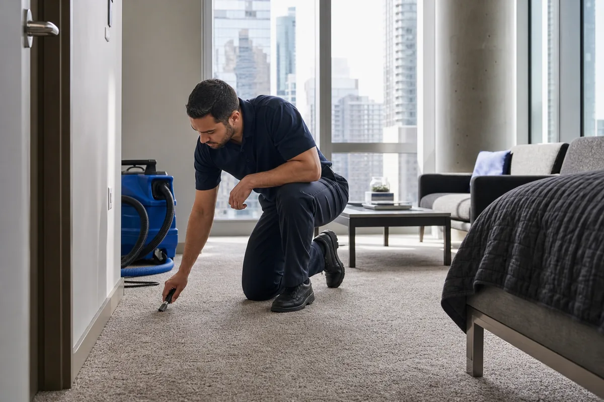 A professional technician checking carpet fibers and furniture fabric in a Crown Point home
