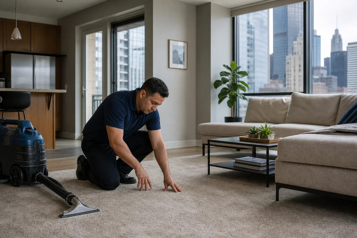 A professional technician checking carpet fibers and furniture fabric in a Griffith home