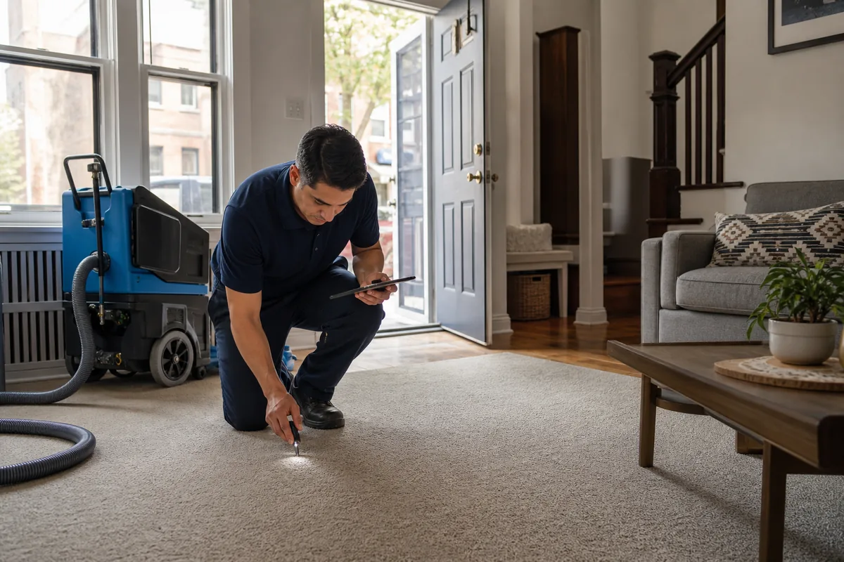 A professional technician checking carpet fibers and furniture fabric in a Hammond home