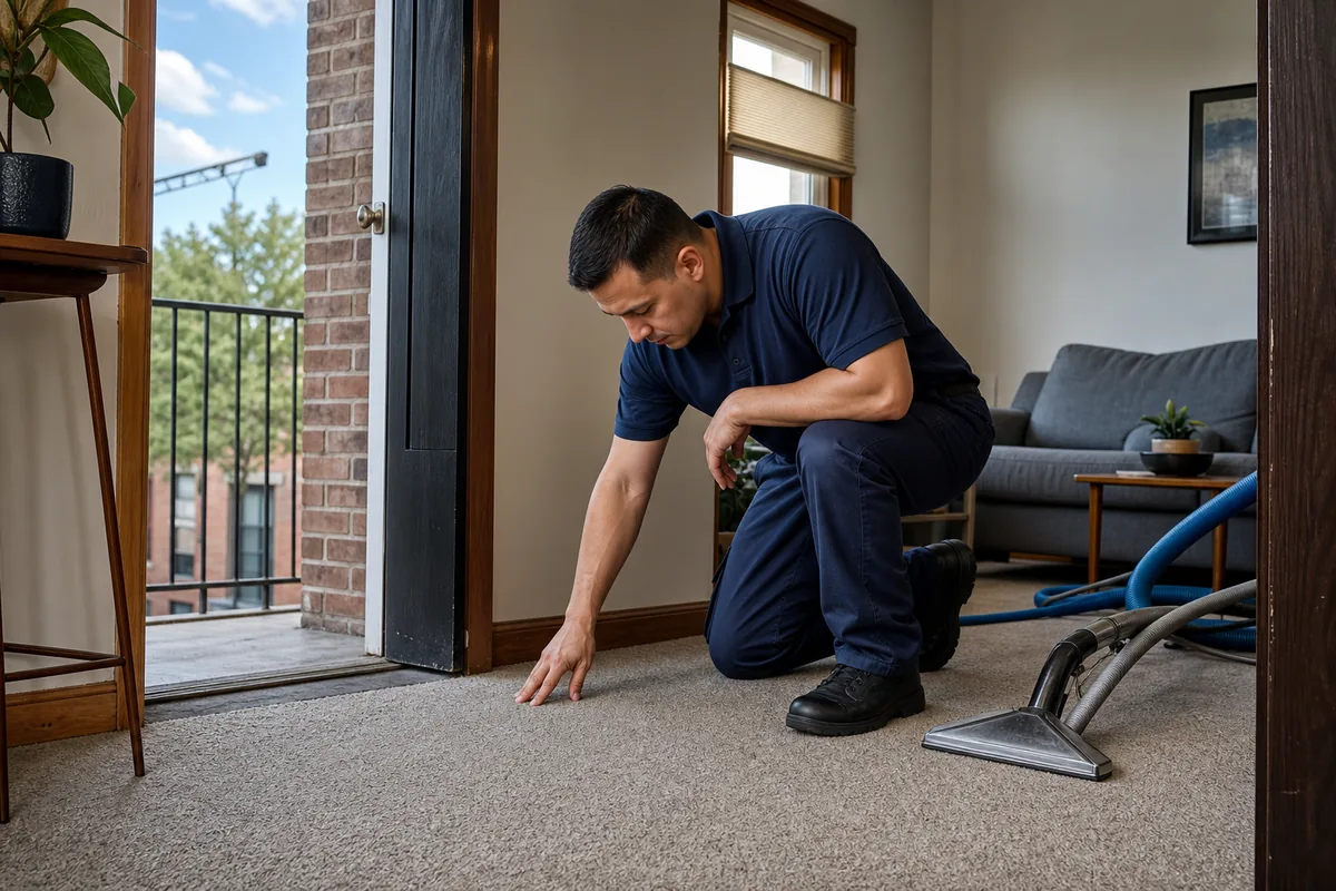 A professional technician checking carpet fibers and furniture fabric in a Highland home