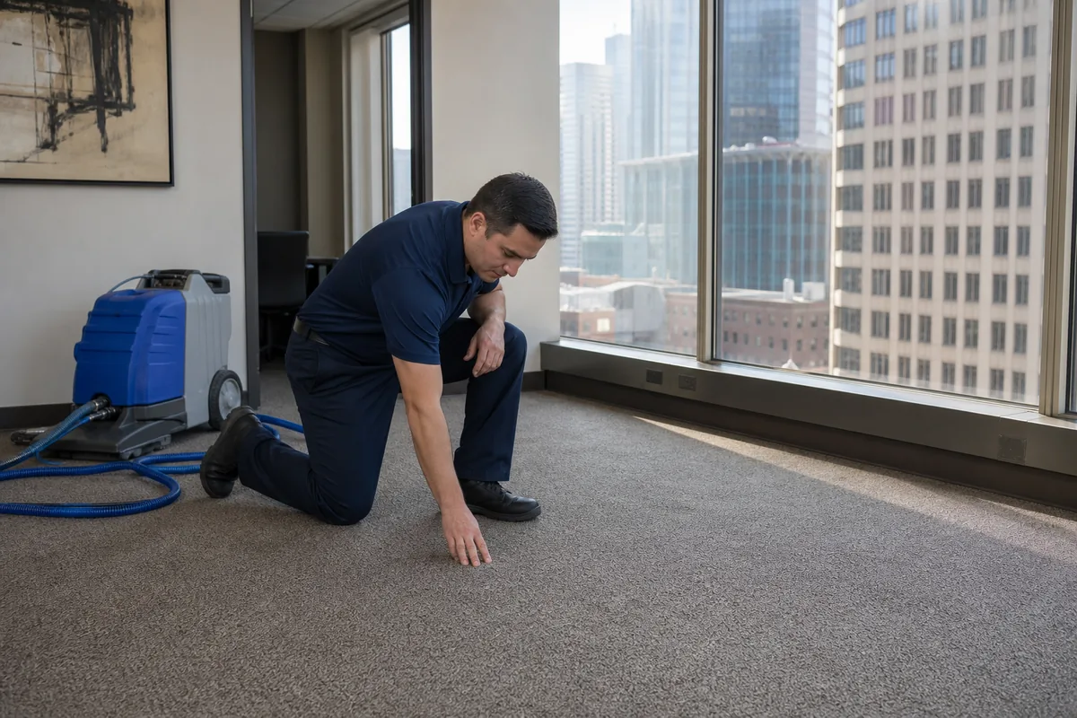 A professional technician checking carpet fibers and furniture fabric in a Munster home