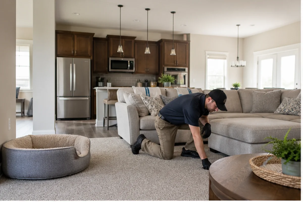 A calm family room with clean carpet, a pet bed moved aside, and generous daylight in a Crown Point home for pet odor removal