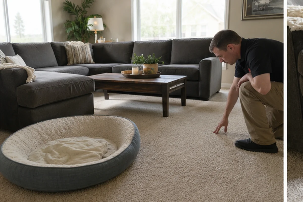 A calm family room with clean carpet, a pet bed moved aside, and generous daylight in a Hammond home for pet odor removal