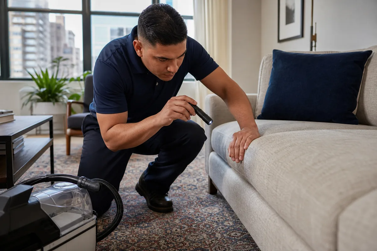 Technician reviewing carpet, rug, and upholstered furniture in a furnished Hammond living room