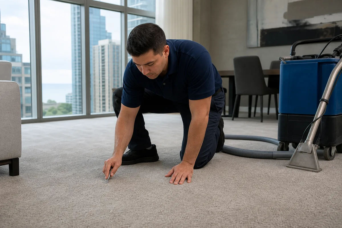 A professional technician checking carpet fibers and furniture fabric in a St. John home