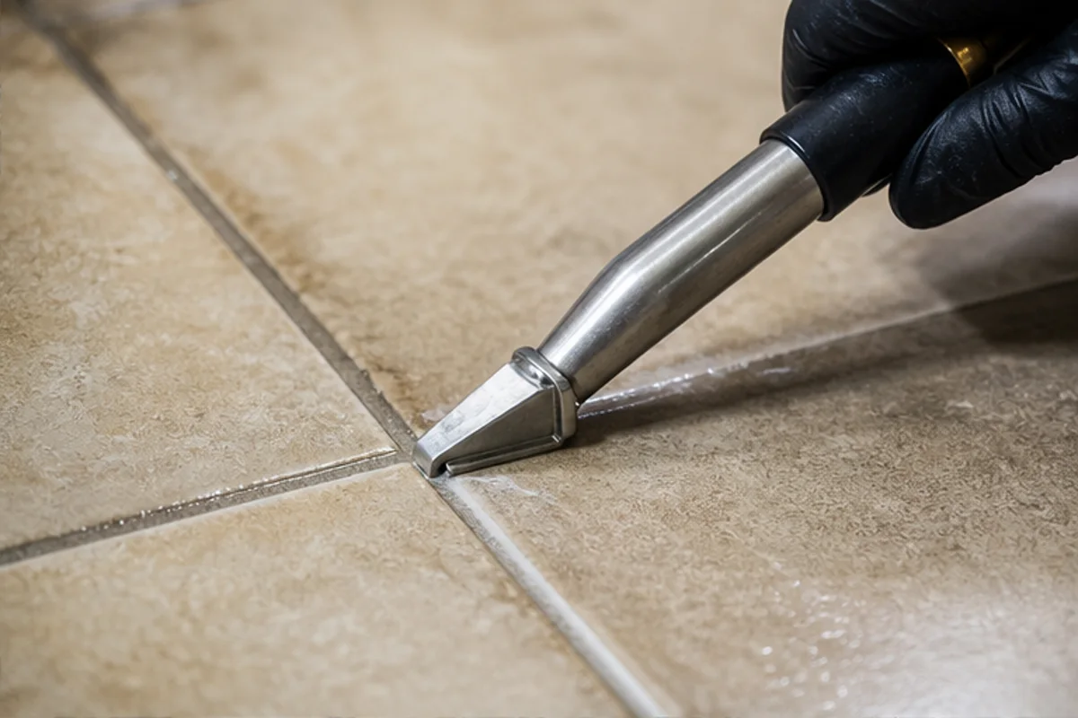 Close professional detail of tile & grout cleaning assessment in a Crown Point home