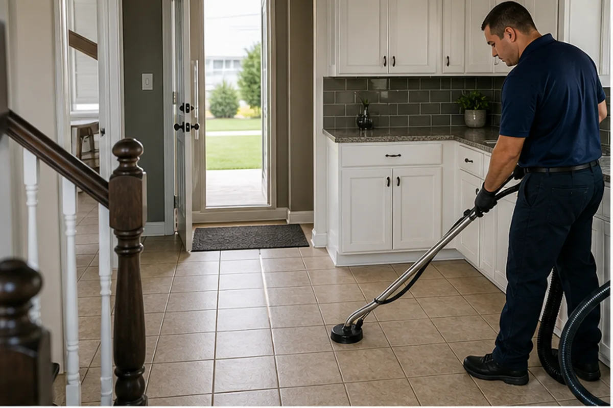 A clean kitchen or entry with detailed tile flooring and warm daylight in a Hammond home for tile & grout cleaning