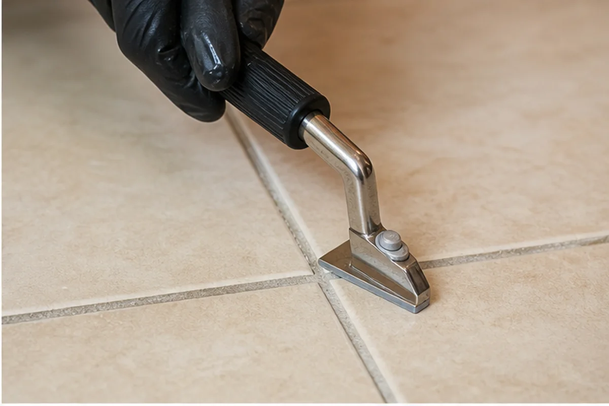 Close professional detail of tile & grout cleaning assessment in a Munster home