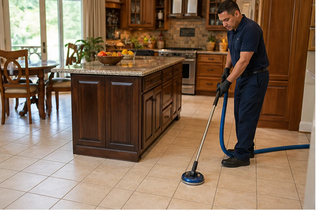 A clean kitchen or entry with detailed tile flooring and warm daylight in a Munster home for tile & grout cleaning
