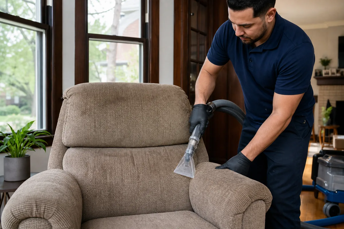Fabric recliner in a Hammond bungalow with visible high-contact areas on arms and headrest