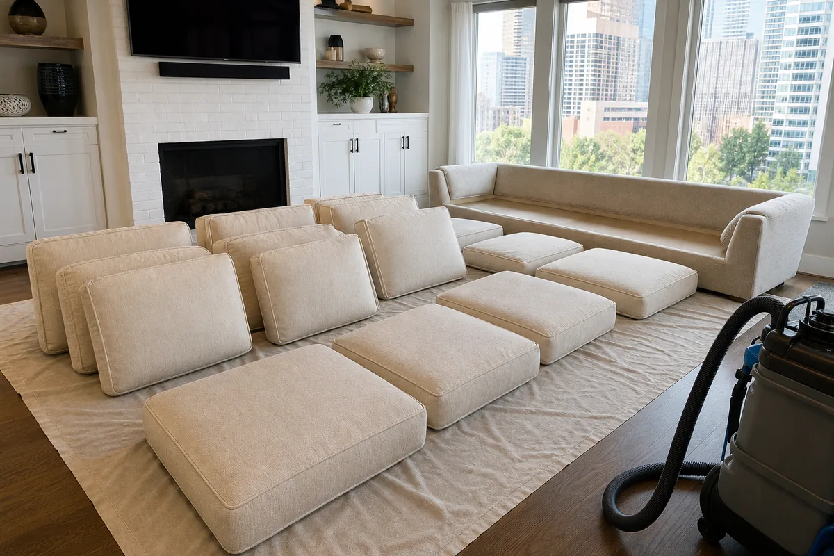 Cotton and linen cushions separated evenly for airflow after cleaning