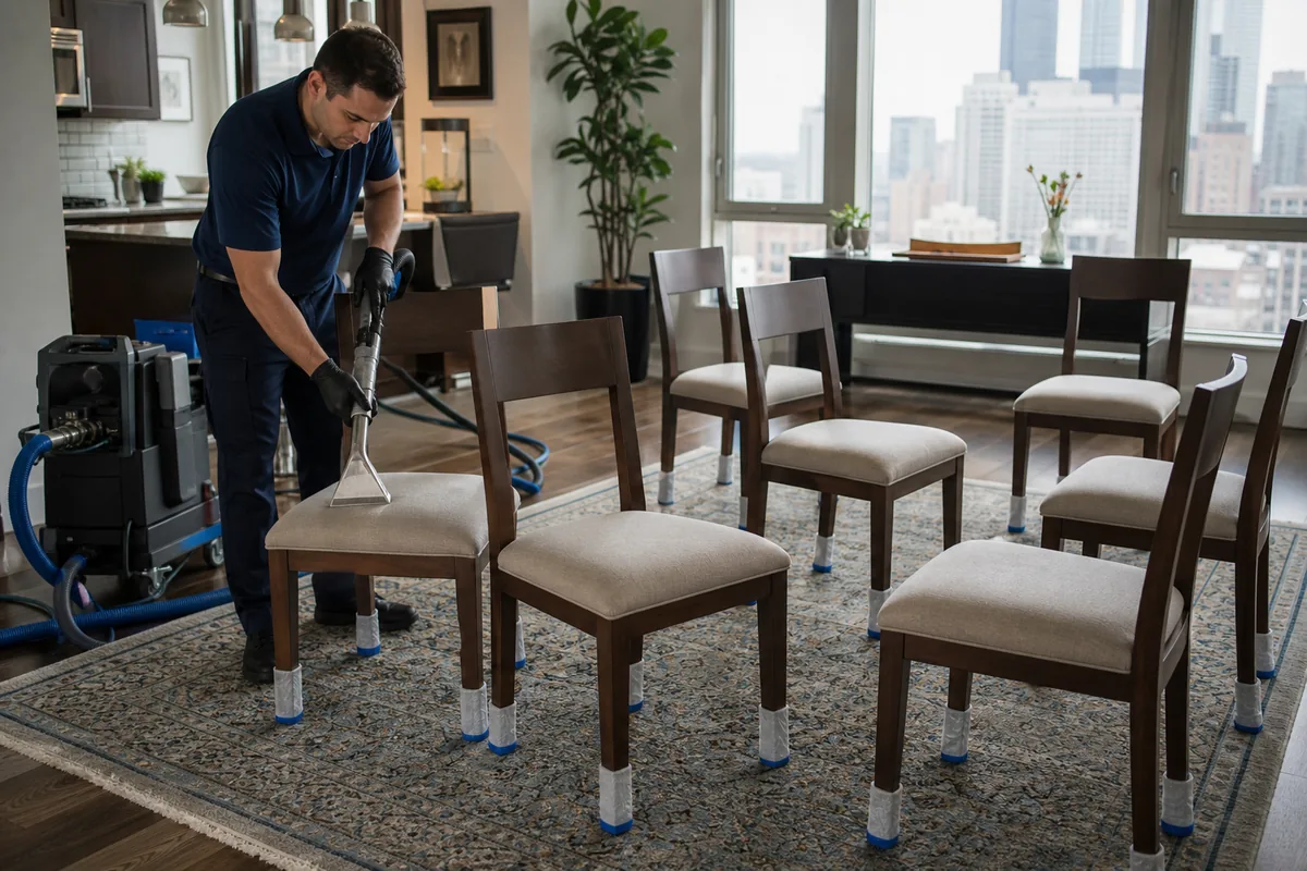 Dining chairs spaced apart for drying with wood frames protected