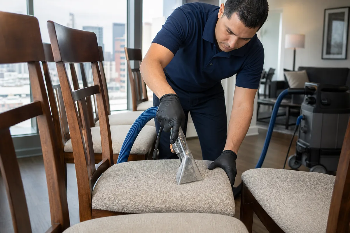Set of upholstered dining chairs arranged for inspection in a Hammond-area apartment