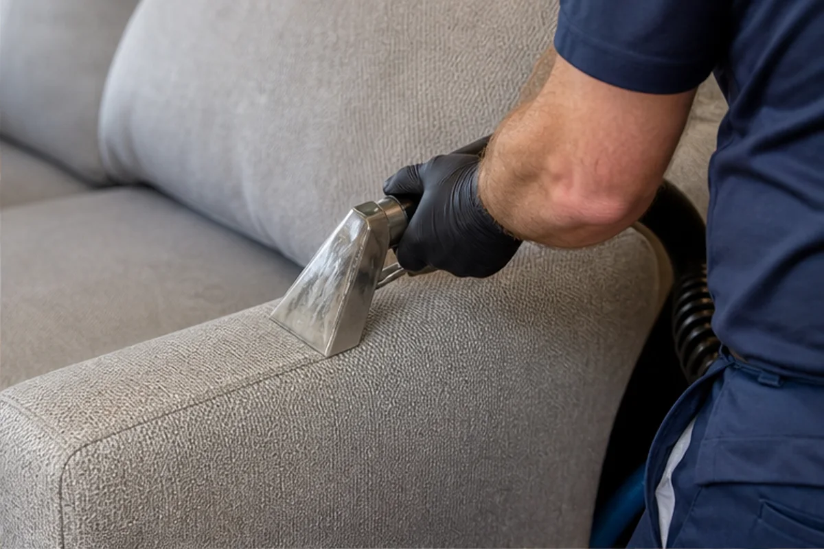 Close professional detail of upholstery cleaning assessment in a Crown Point home